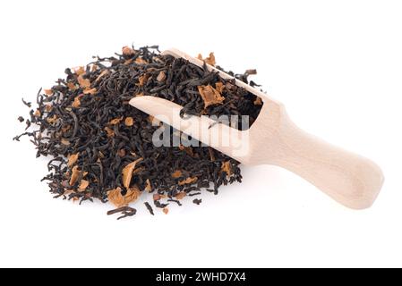 Black Dry Tea with a Wooden Spoon Stock Photo