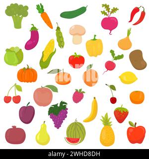 Big collection of vegetables and fruits. Healthy food. Vector illustration Stock Vector