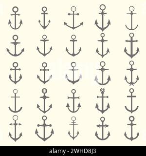 Big set of anchors. Anchor symbols or logo template. Vector illustration Stock Vector
