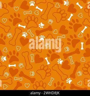 Seamless pattern with dog paw print, bone and hearts. Orange background. Vector illustration Stock Vector