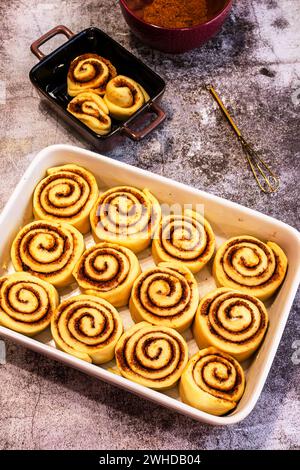 Ceramic plate with raw cinnamon rolls on a wooden table Stock Photo