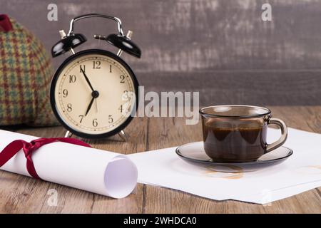 Old clock, hat, coffee and paper sheets Stock Photo