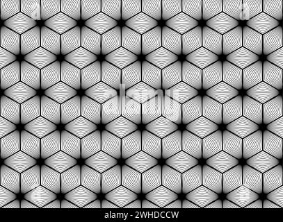 Seamless Optical Rhombus Pattern Background. 3D Cubes block element in Striped Texture. Vector geometric rhombuses lattice pattern with monochrome Stock Vector