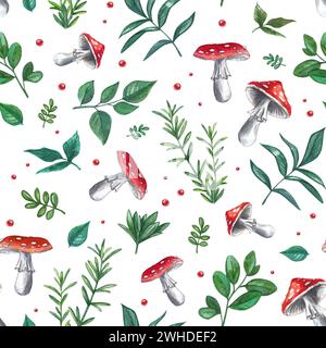 Seamless pattern of fly agarics and leaves on a white background. Watercolor illustration with mushrooms and fern. Ornament for printing on fabric on Stock Photo