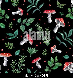 Seamless pattern of fly agarics and leaves on a black background. Watercolor illustration with mushrooms and fern. Ornament for printing on fabric on Stock Photo