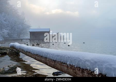 Foggy winter landscape in Kochel am See, Kochelsee, Bavaria, Germany Stock Photo