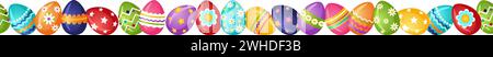Border of multi colored bright Easter eggs in a row. Horizontal seamless decorative divider with painted eggs. Easter decor template. Vector illustrat Stock Vector