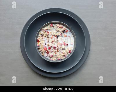 Muesli with milk in a bowl on two gray plates for breakfast, fruit muesli with grains and dried fruit Stock Photo