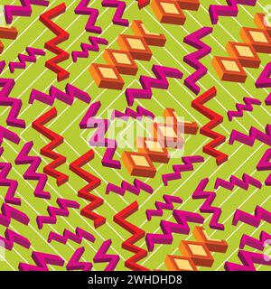 Creative colorful seamless pattern with 3 dimensional pink zig zag; colorful design with three dimensional shapes and green background Stock Vector
