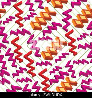 Creative colorful seamless pattern with 3 dimensional pink zig zag; colorful design with three dimensional shapes and green background Stock Vector