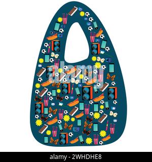 Blue shopping bag contour with many objects of daily use; concept vector with little icons  arranged in shopping bag shape; miscellaneous product icon Stock Vector