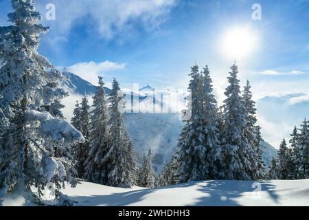 Snow-covered landscape in the mountains on a sunny winter's day above the Hintersteiner Tal. In the south the Hochvogel. Allgäu Alps, Bavaria, Germany, Europe Stock Photo