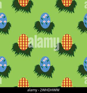 Seamless pattern with colorful eggs arranged in little grass bushes; decorative pattern with colored eggs Stock Vector