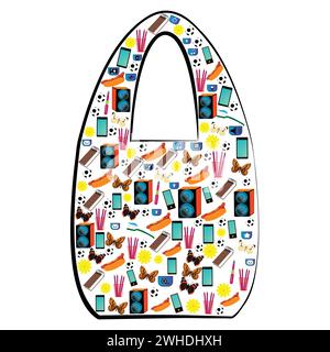 Shopping bag with many icons ; concept vector with little icons  arranged in shopping bag shape; miscellaneous product icons set together in shopping Stock Vector