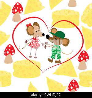 Seamless illustration with mice cheese and mushroom Mice characters vector illustration; Friendship scene seamless pattern Stock Vector