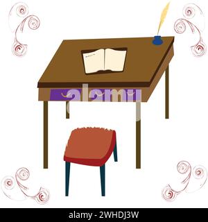 Illustration of open notebook  and an ink pot with feather on a table with a single stool Stock Vector