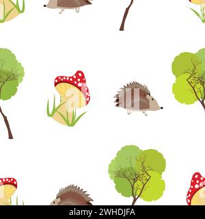 Repetition of mushroom hedgehog and tree seamless pattern; Repeating rows with colorful items Stock Vector