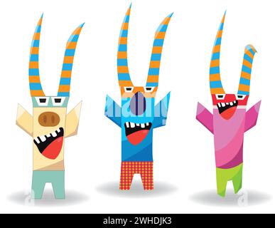 Set of three abstract comical monsters with colorful horns  short legs and raised hands;  colorful horned creative monsters Stock Vector