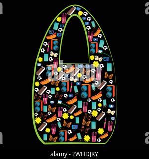 Shopping bag with many icons ; concept vector with little icons  arranged in shopping bag shape; miscellaneous product icons set together in shopping Stock Vector