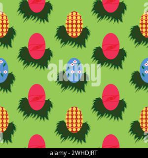 Seamless pattern with rows of colorful eggs arranged in little grass bushes; decorative pattern with colored eggs Stock Vector