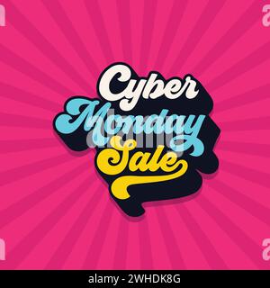 Cyber Monday sale typography vector illustration on retro background. Neon color lettering design for Cyber Monday. Discount, sale, offer, special day Stock Vector