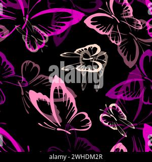 A seamless pattern with pink butterflies on a black background. hand drawing. Not AI, Vintage. Vector illustration Stock Vector