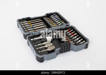 Bit Box screwdriver set from Bosch, white background, Stock Photo