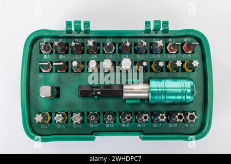 Bit Box screwdriver set from Hitachi, white background, Stock Photo