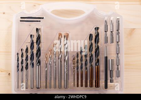 Combi box, various drill bits, for wood, stone, metal applications, bit holder, bits, from ALPEN, Stock Photo
