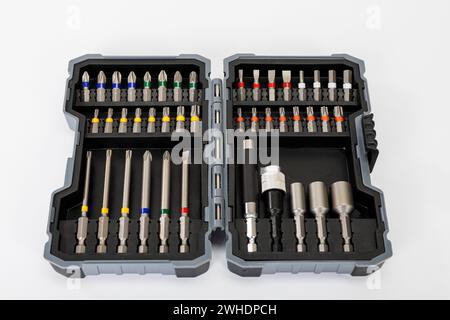 Bit Box screwdriver set from Bosch, white background, Stock Photo