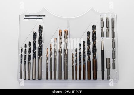 Combi box, various drill bits, for wood, stone, metal applications, bit holder, bits, from ALPEN, white background, Stock Photo