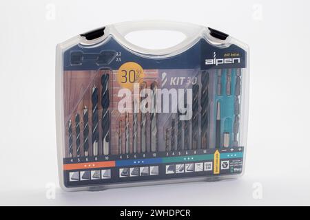 Sales packaging, plastic box, various drill bits, for wood, stone, metal applications, bit holder, bits, from ALPEN, white background, Stock Photo