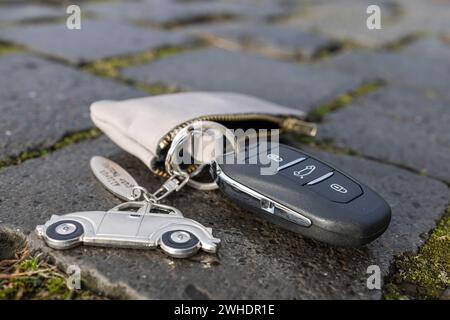 Car key with metal key fob car lost on the road, key case, symbol image, car key lost, Stock Photo