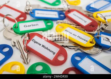 Various keys with key fob, different colors, labeled, detail, dimple key, white background, Stock Photo