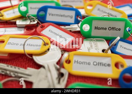 Various keys with key fob, different colors, labeled, detail, dimple key, red background, Stock Photo