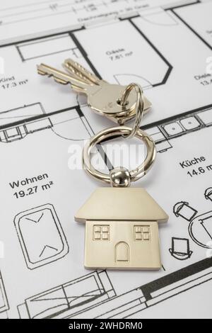 Key ring with metal key fob house, floor plan, Stock Photo