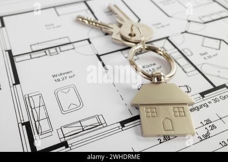 Key ring with metal key fob house, floor plan, Stock Photo