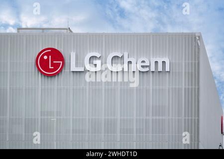 Advertising LG Chem logotype on facade building, leading global chemical company, South Korea's LG Corporation, electric vehicle battery manufacturer, Stock Photo