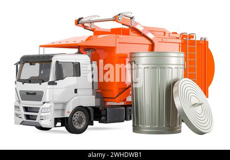 Rubbish Truck with large metallic garbage trash can. 3D rendering isolated on white background Stock Photo