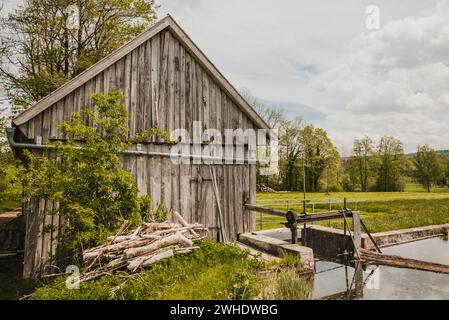 Old agricultural barn (wooden hut) in Allgäu spring landscape, Ostallgäu, Allgäu, Swabia, Bavaria, Germany Stock Photo