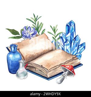 Magic book. Watercolor hand drawn illustration. Composition with a book for spells, plants and mushrooms. Clipart on a white background on the theme o Stock Photo
