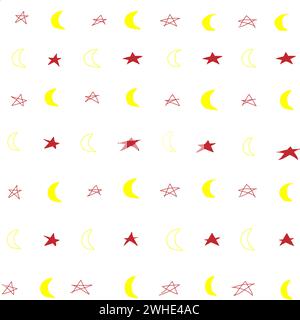 A color set of doodles of stars and the month. Red and yellow colors. Comic cartoon style. Vector illustration Stock Vector