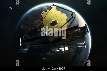 The James Webb telescope orbiting planet Earth. JWST launch art. Elements of image provided by Nasa Stock Photo