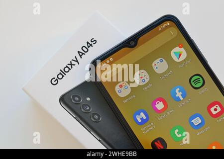 KYIV, UKRAINE - 4 MAY, 2023: Samsung Galaxy A04 Android smartphone has a 6.5-inch PLS LCD panel with Infinity-V design Stock Photo