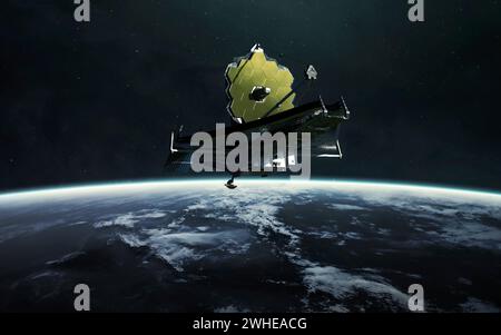 The James Webb telescope orbiting planet Earth. JWST launch art. Elements of image provided by Nasa Stock Photo