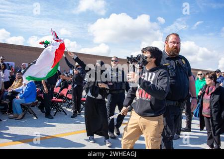 Bakersfield, USA. 09th Feb, 2024. Activists from the group the United Liberation Front disrupt dignitary speeches during the ribbon cutting ceremony for the completion of the Centennial Corridor in Bakersfield, California, on February 9, 2024. The long-standing project connects the Westside Parkway to Highway 58 East. The planning and construction have been in the making for multiple decades. (Photo by Jacob Lee Green/Sipa USA) Credit: Sipa USA/Alamy Live News Stock Photo