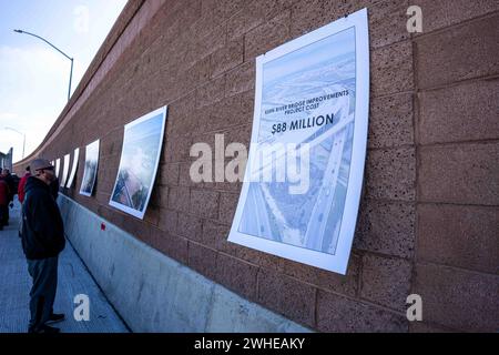 Bakersfield, USA. 09th Feb, 2024. A man views posters including project information for Kern County infrastructure improvements during the ribbon cutting ceremony for the completion of the Centennial Corridor on February 9, 2024. The long-standing project connects the Westside Parkway to Highway 58 East. The planning and construction have been in the making for multiple decades. (Photo by Jacob Lee Green/Sipa USA) Credit: Sipa USA/Alamy Live News Stock Photo