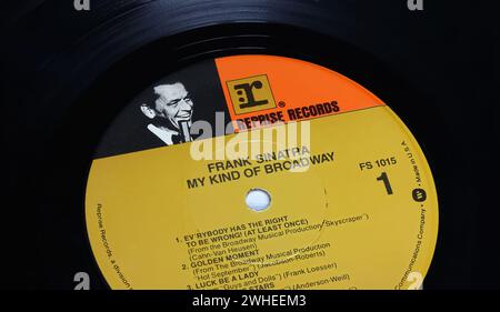 Viersen, Germany - January 9. 2024: Closeup of reprise records vinyl Frank Sinatra vinyl label of my kind of Broadway album Stock Photo