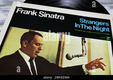 Viersen, Germany - January 9. 2024: Closeup of Frank Sinatra vinyl record album cover Strangers in the night sessions 1966 Stock Photo