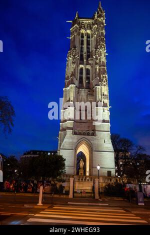 Paris, France, Illuminated Saint Jacques Tower at night, Editorial only. Stock Photo